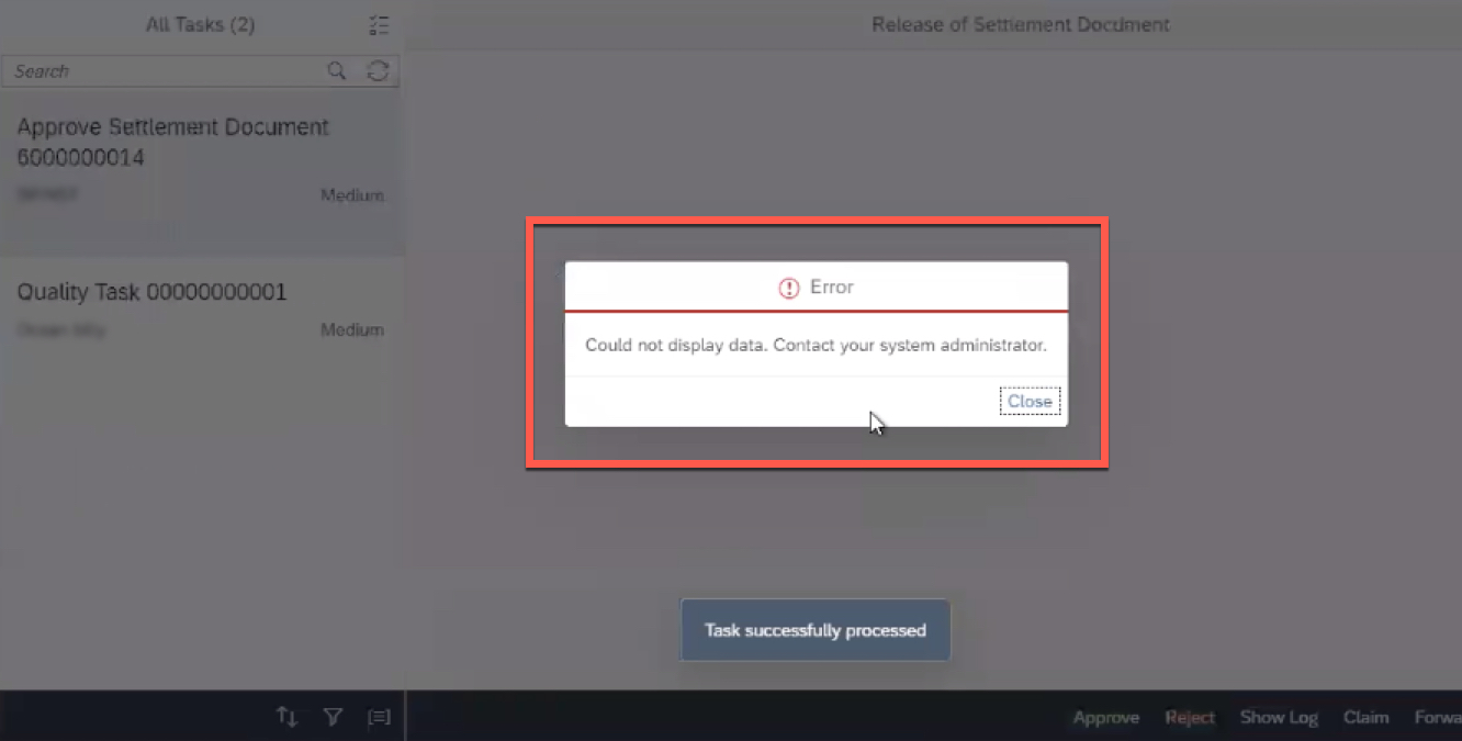 Error message dialogue with the message, "Could not display data. Contact your system administrator."