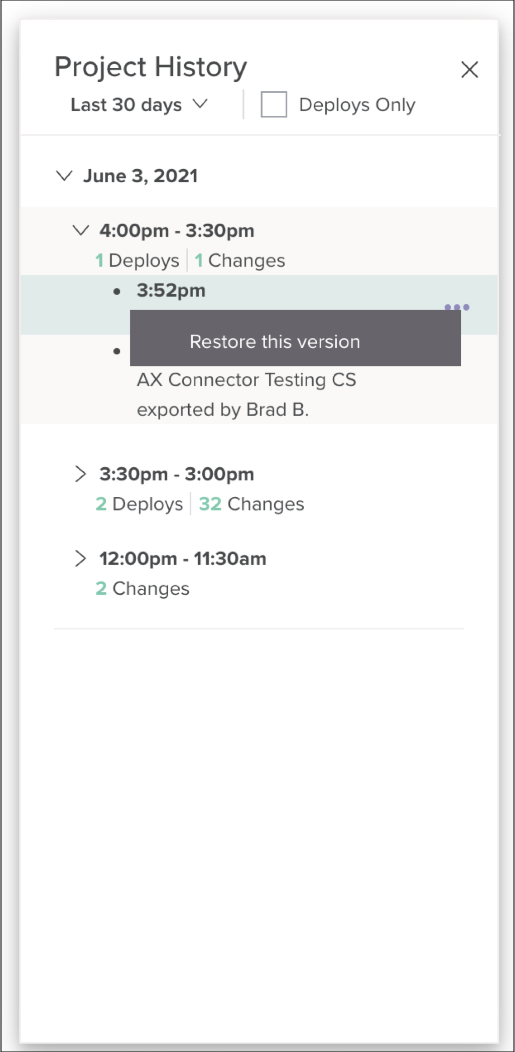 Project history dialogue showing a list of times when changes were made to the project