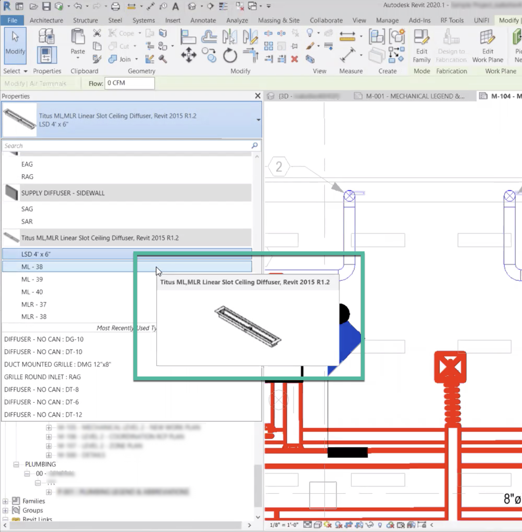 Screenshot of building-modeling software. As the user hovers over a list of parts, a tooltip shows a visual of the part.