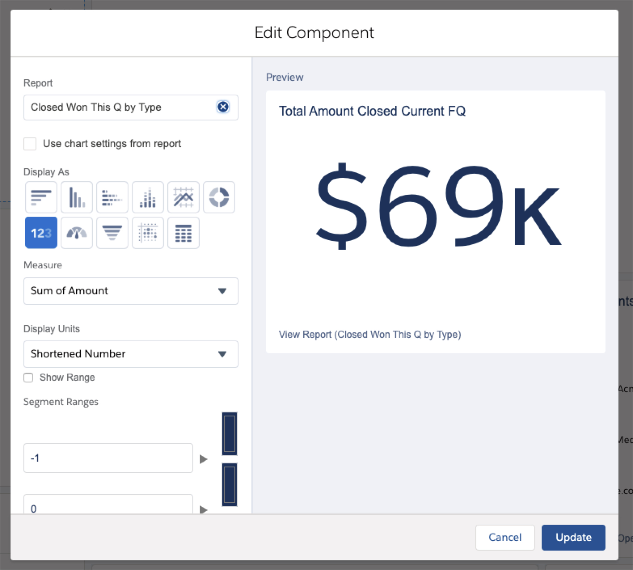 Widget for creating new dashboard elements. On the left, there are buttons for tweaking parameters. On the right, a preview of the element is being created in real time.