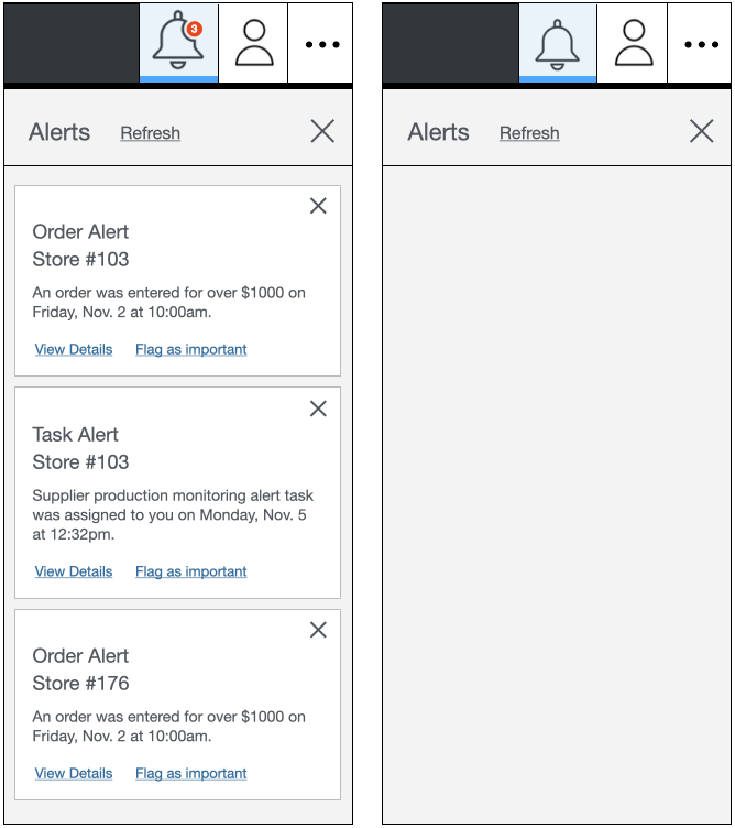 Left screen shows an alerts panel populated with personalized alerts. Right panel shows the same alerts panel when no alerts are triggered.