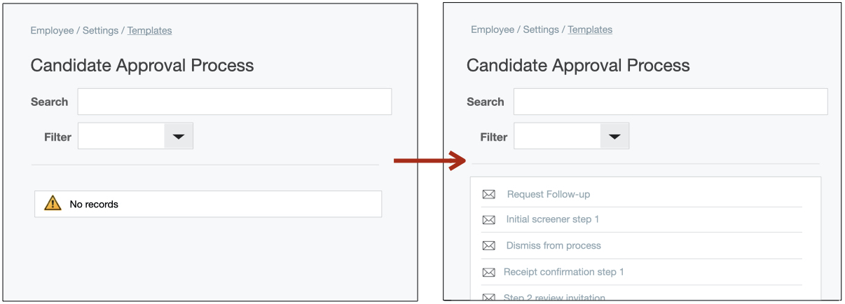 Left image shows a screen meant to display email templates with message "No records." Right image shows the screen a few seconds later, with multiple email template items populated.