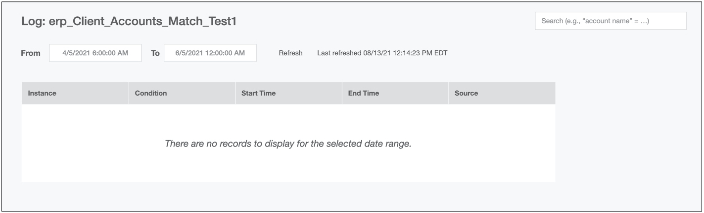 Panel for a table to display log items within a certain date range. Panel contains a system message stating “There are no records to display for the selected date range.”