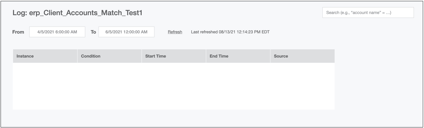 Panel for a table to display log items within a certain date range. Panel is empty and contains to items and no system message.