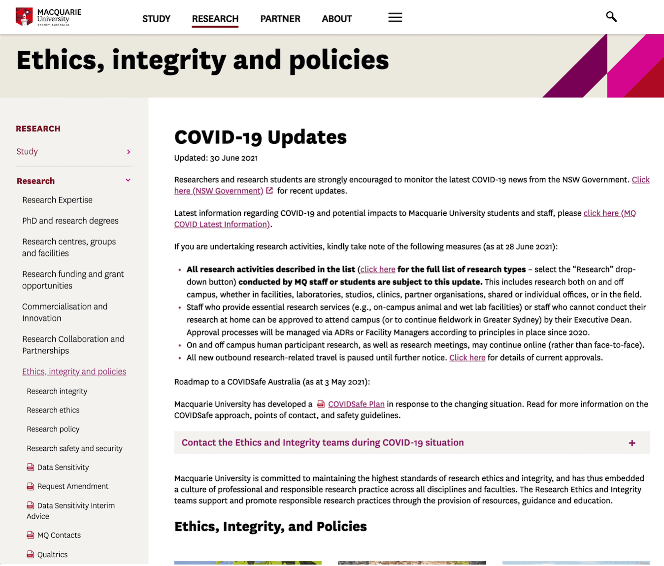 Macquarie University’s Research Ethics subsection has multiple subcategories with heavy content overlap, such as Research integrity, Research ethics, Research policy, and Research safety and security. This excessive overlap between subcategories and the main Ethics, integrity and policies section can overly burden the users as they attempt to unravel what is what.