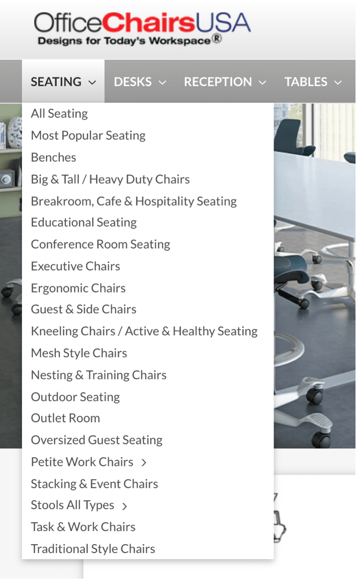 OfficeChairsUSA has many specific subcategories within its Seating category; some of these offer only a few products. This list of subcategories is likely to be confusing to users unfamiliar with the minutiae of office chairs.