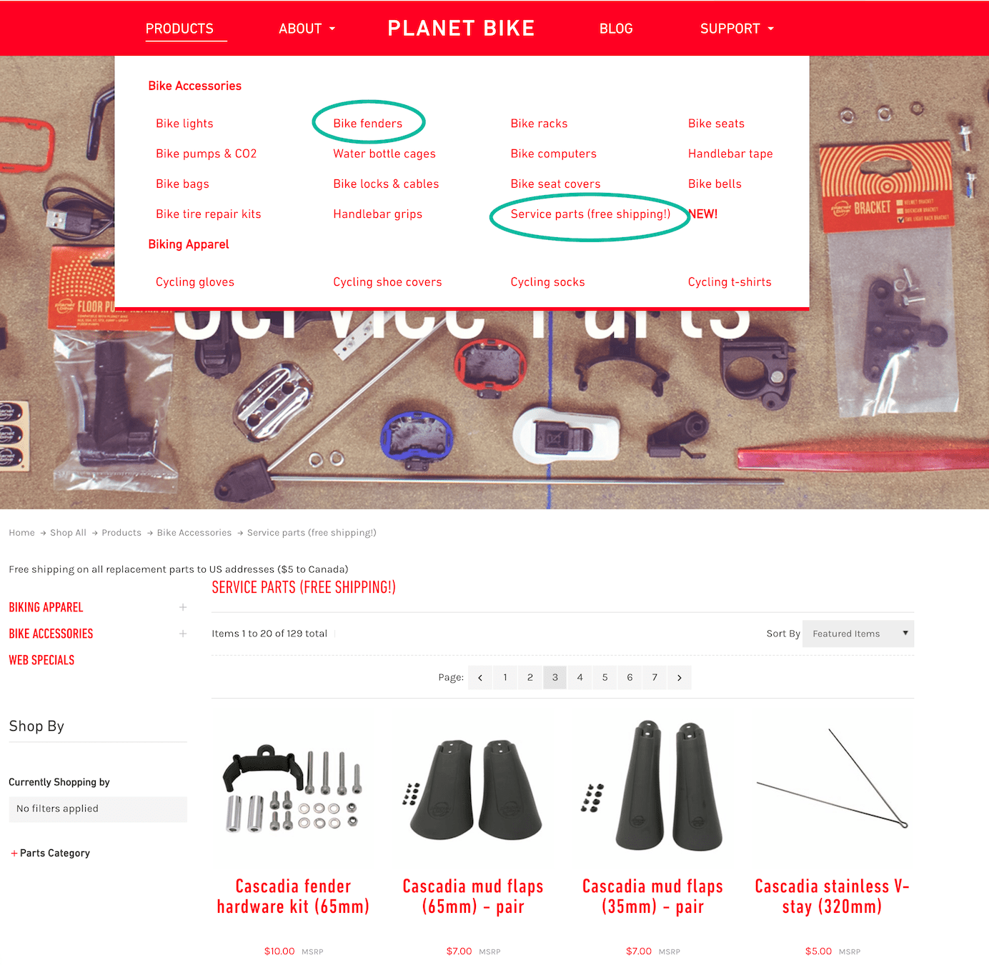 Mega menu from a bike ecommerce site featuring both Service Parts and Bike Fenders categories.  Both are circled.