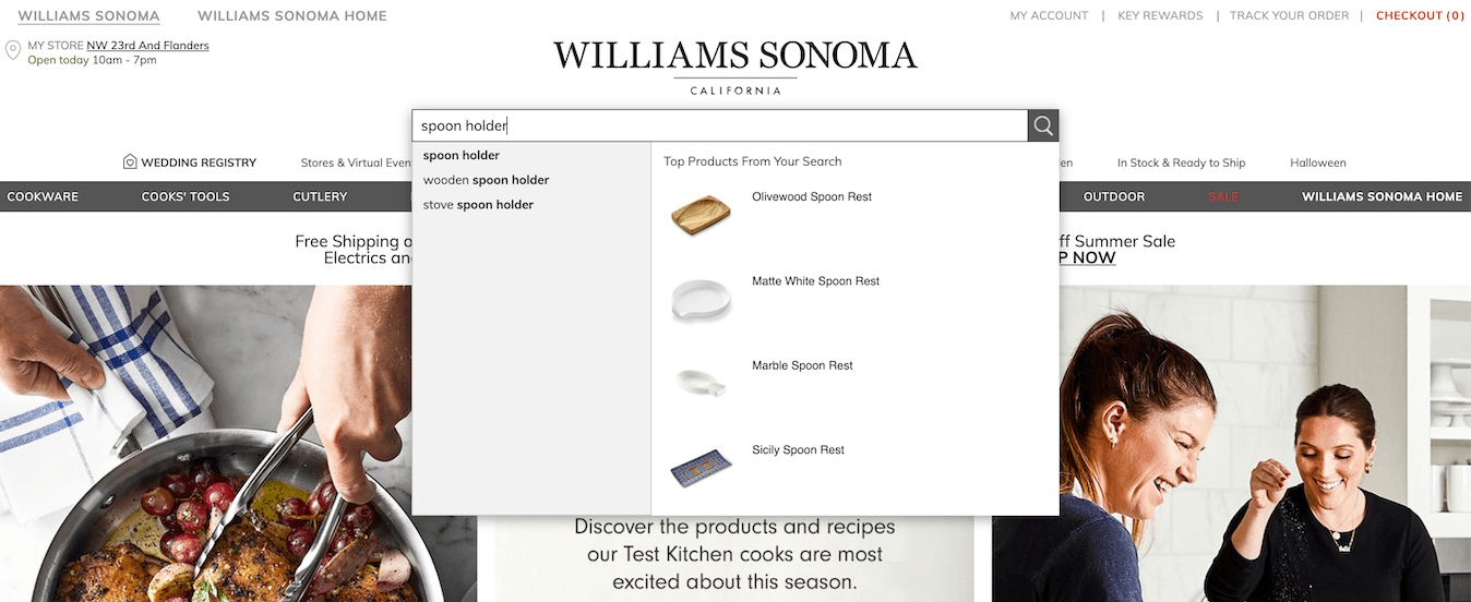 In addition, Williams Sonoma supports searches for terms that are  synonymous to spoon rest (e.g., spoon holder, wooden spoon holder, stove spoon holder). 