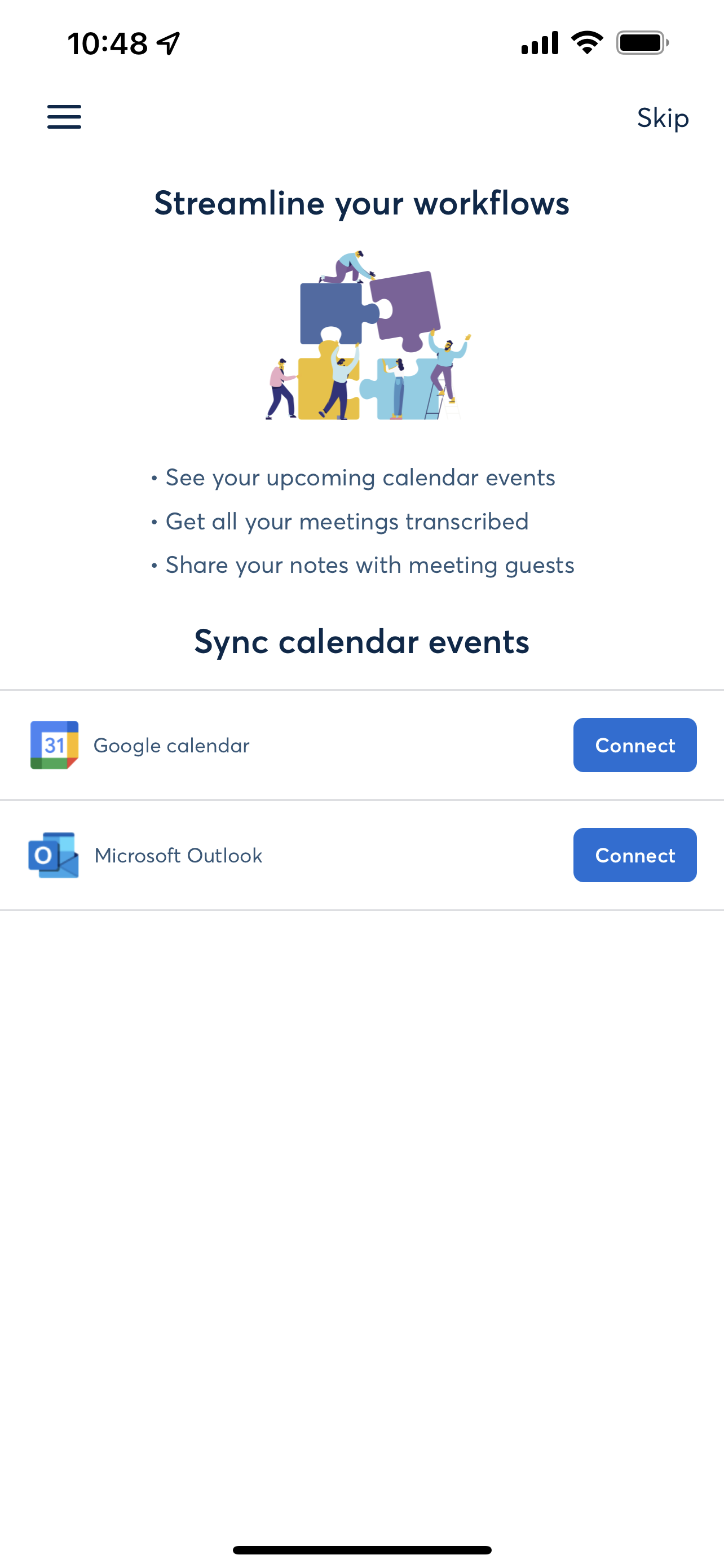 Help screen for syncing Otter with your calendar