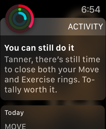 Encouraging exercise message on an apple watch