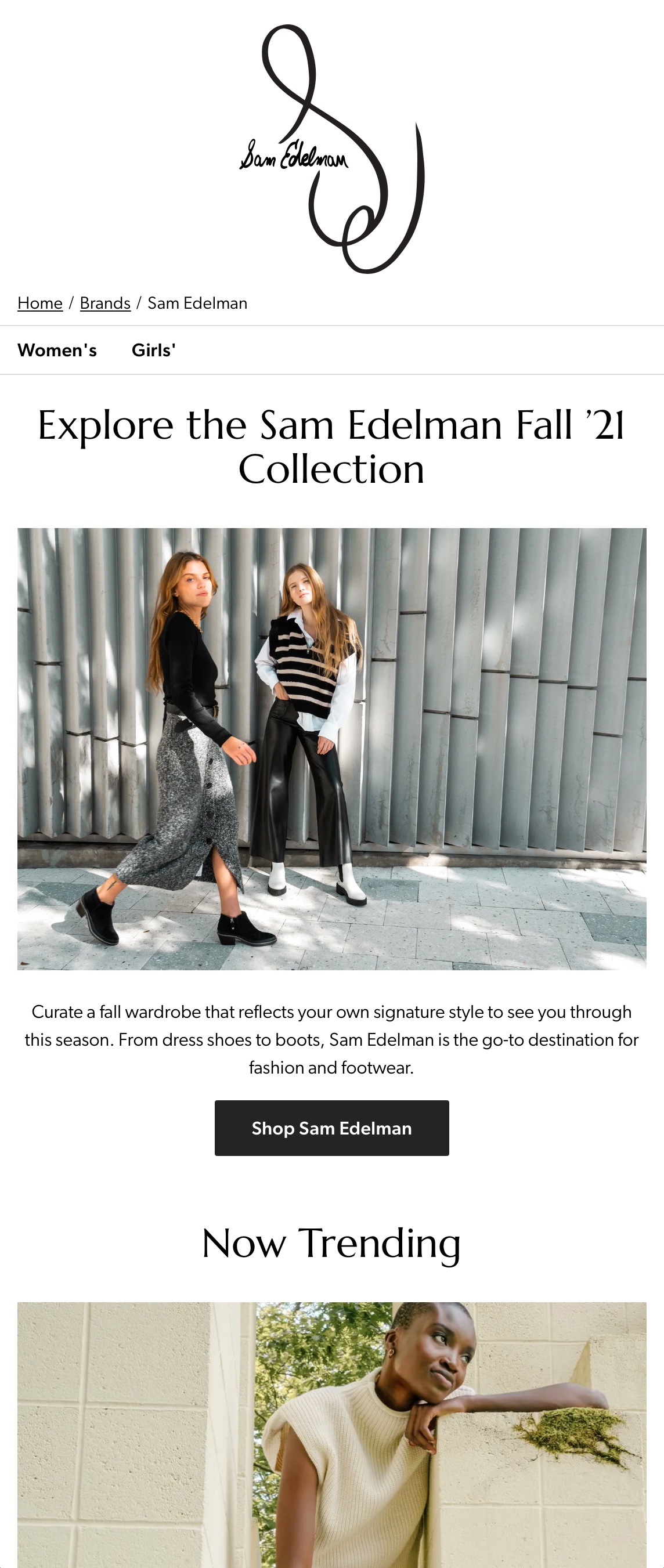 Models in photographs wear Sam Edelman boots. A call-to-action button reads "Shop Sam Edelman."