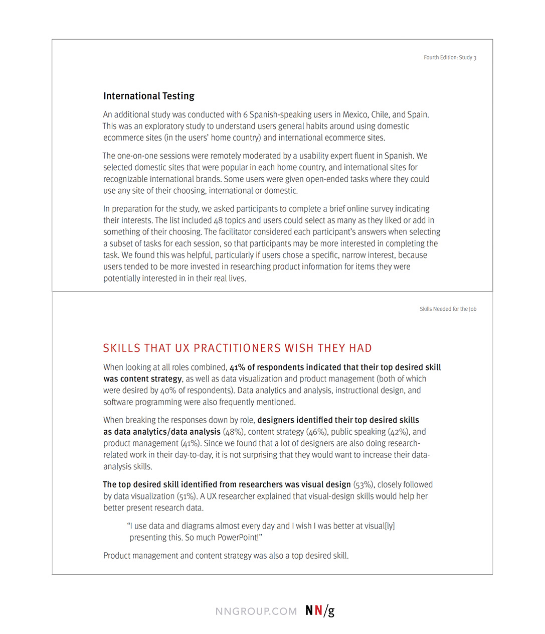 A top and bottom comparison of two different report layouts. Top: text-heavy page. Bottom: text that has variations in weight to emphasize important points