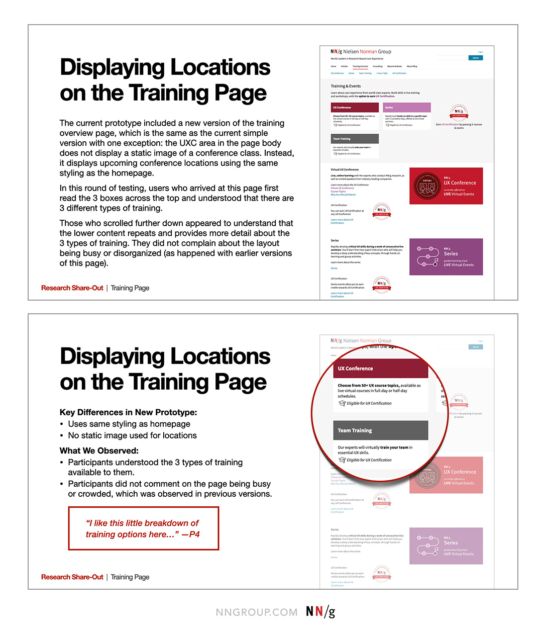 A top and bottom comparison of two slides in a presentation. Top: text-heavy slide with full paragraphs of information. Bottom: bulleted lists, quote callout, and annotated image.