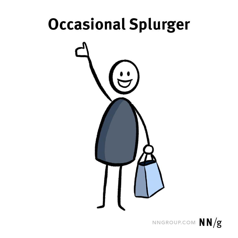 A cartoon occasional splurger smiles and holds up a single shopping bag