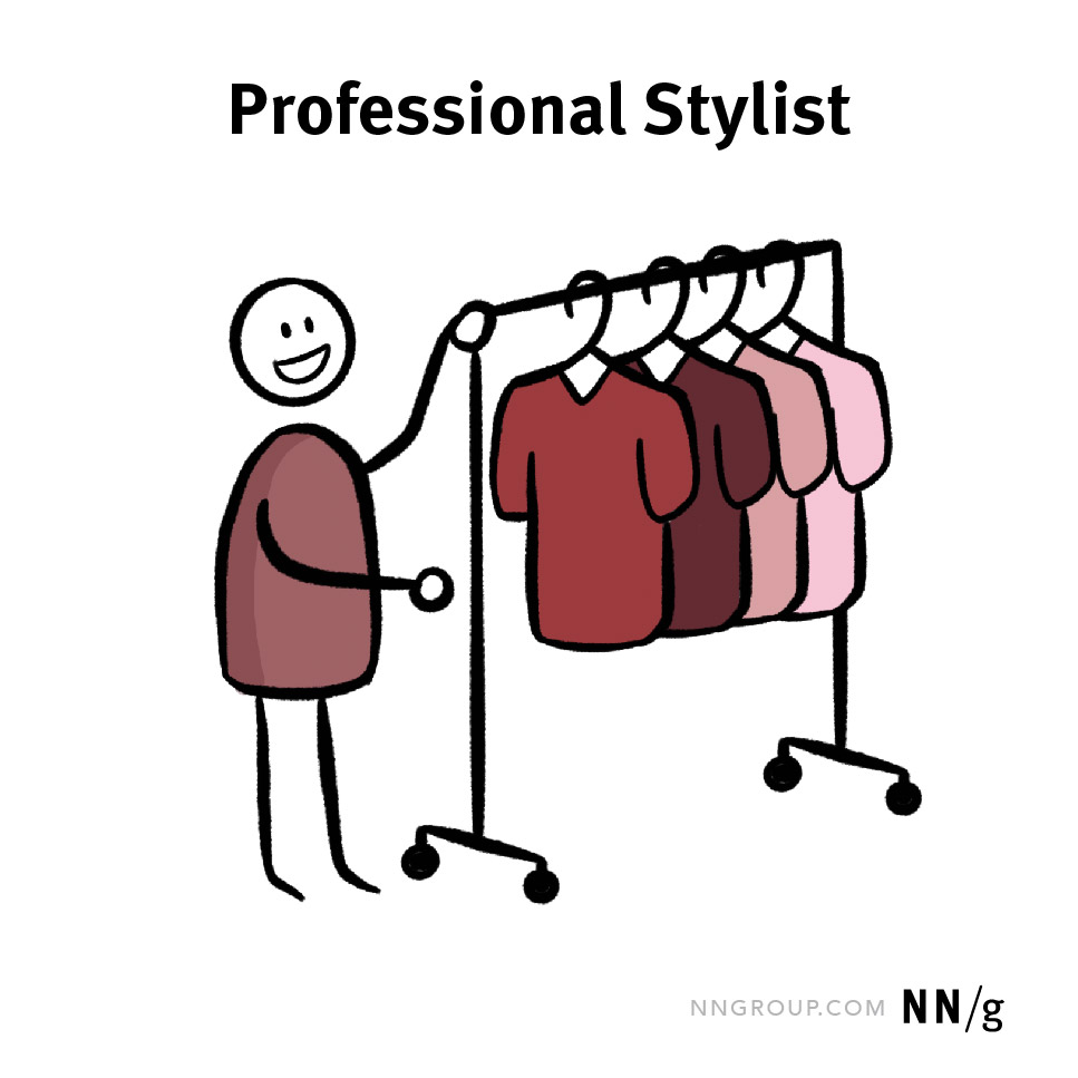 A cartoon professional stylist displays a rack of clothing options