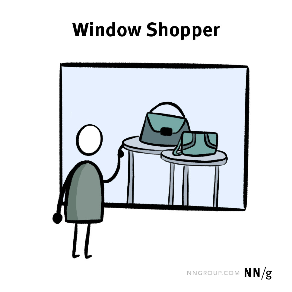 A cartoon window shopper looks through a shop window