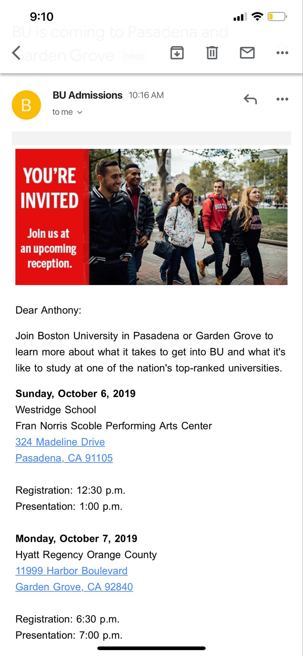 Invitation email from Boston university