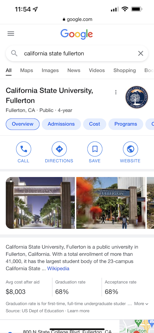 Search-engine results page for California State Fullerton