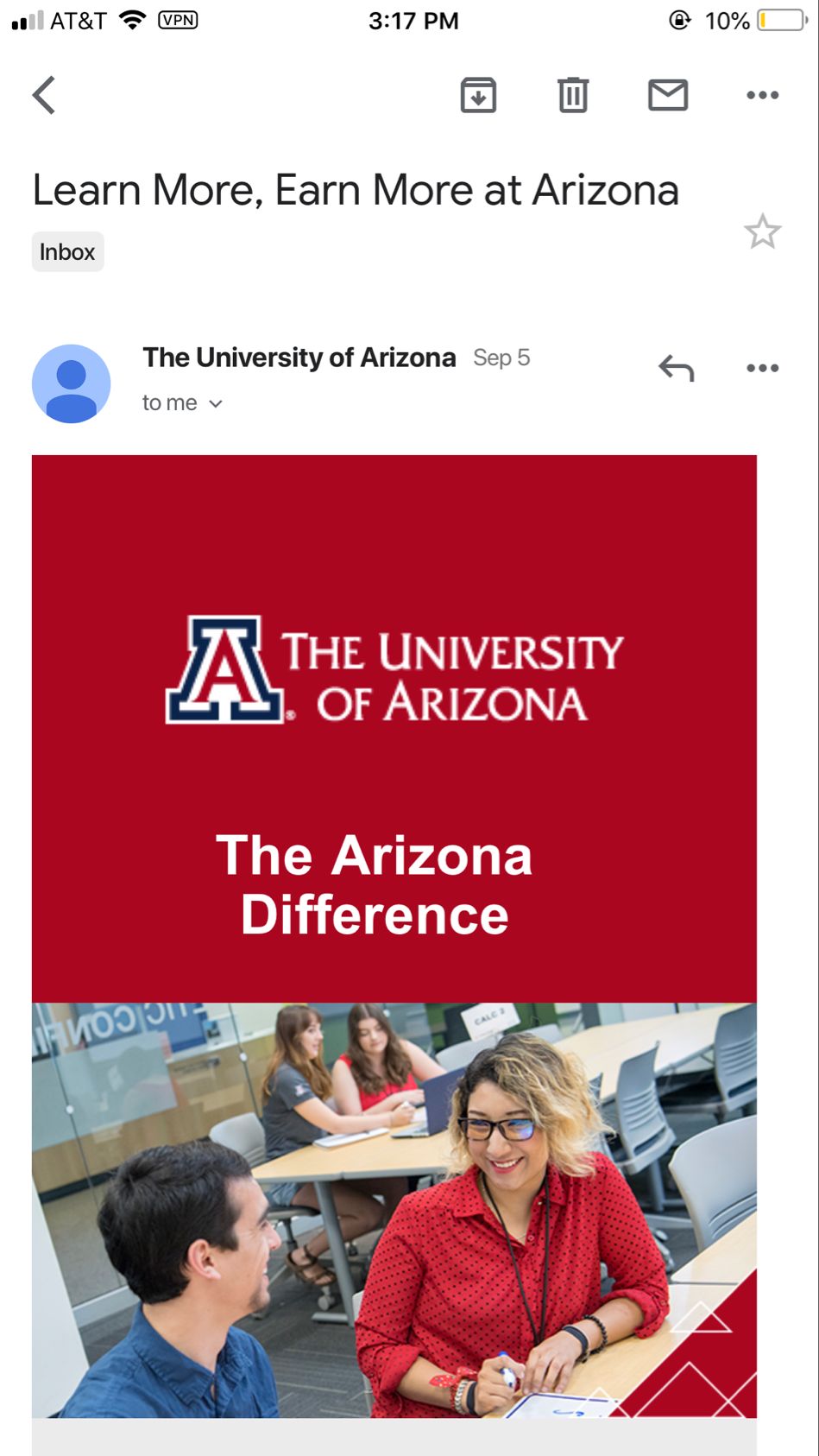 Advertising email from the University of Arizona