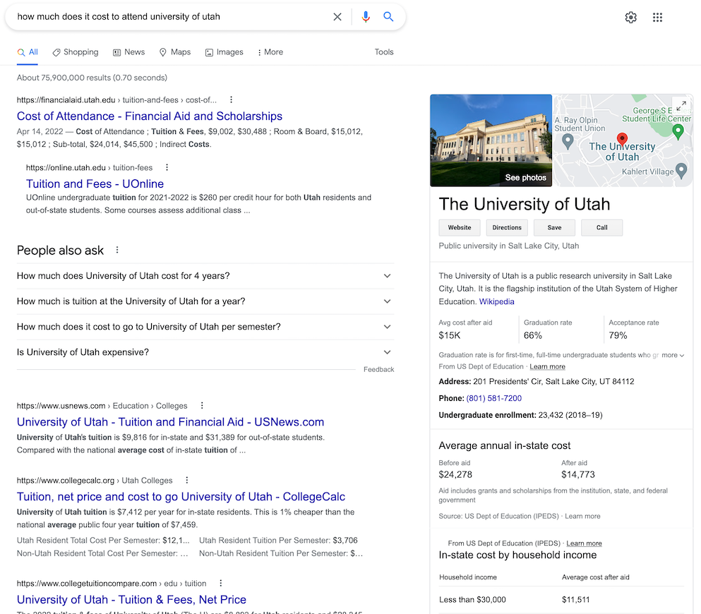 Search-engine results page for University or Utah