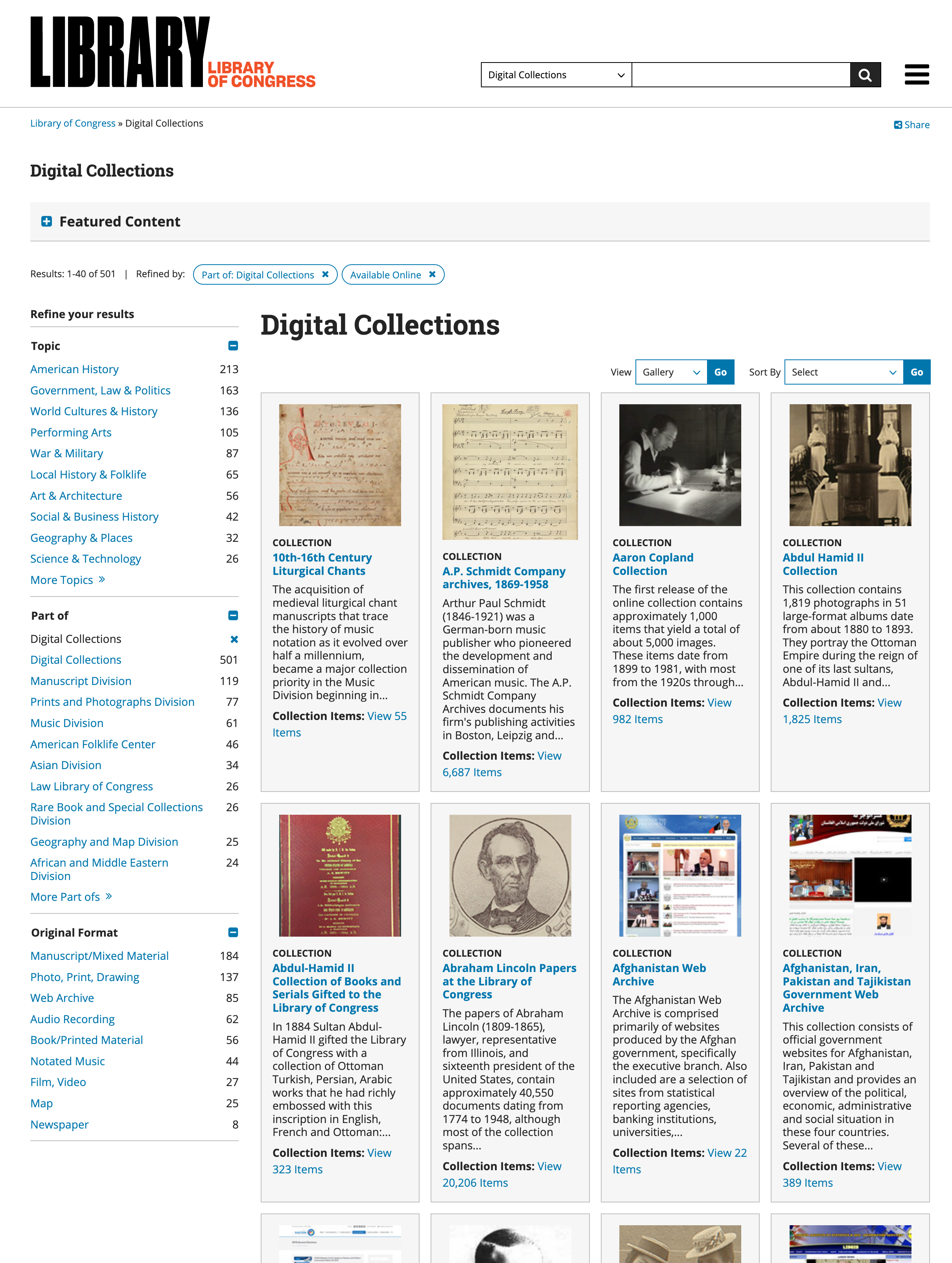 Library of congress screenshot with faceted navigation visible along the left side