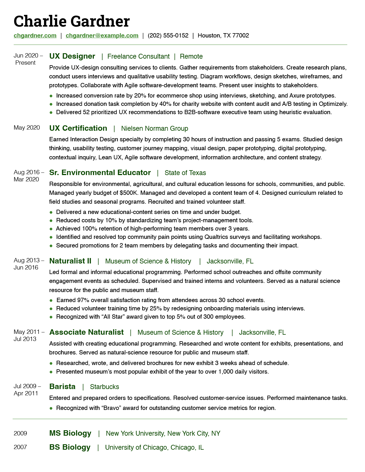 A PDF-formatted resume of a UX designer who changed careers from biology.