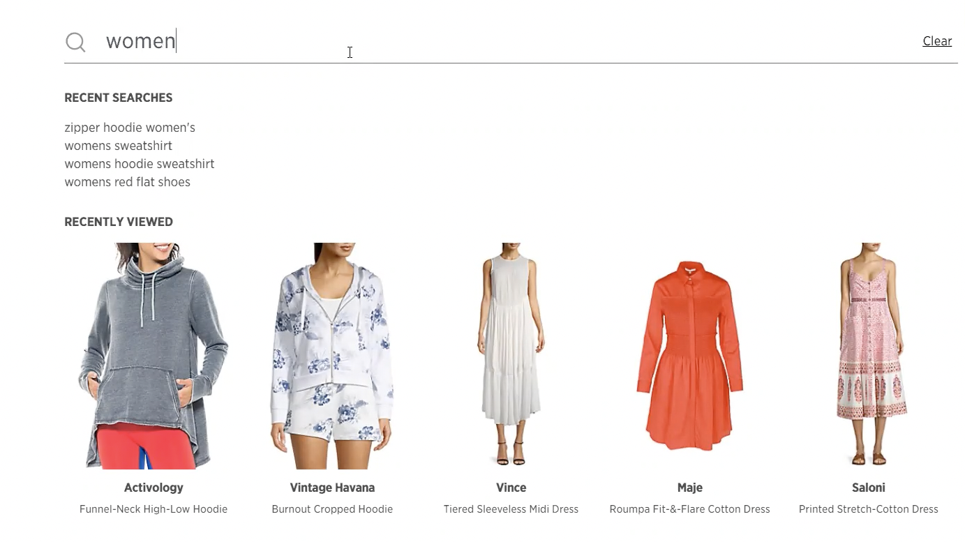 The search container for saksoff5th.com: The search bar contains the query “women.” A recent searches category displays text-based search suggestions. At the bottom, a row labeled recently viewed contains images of suggested products.