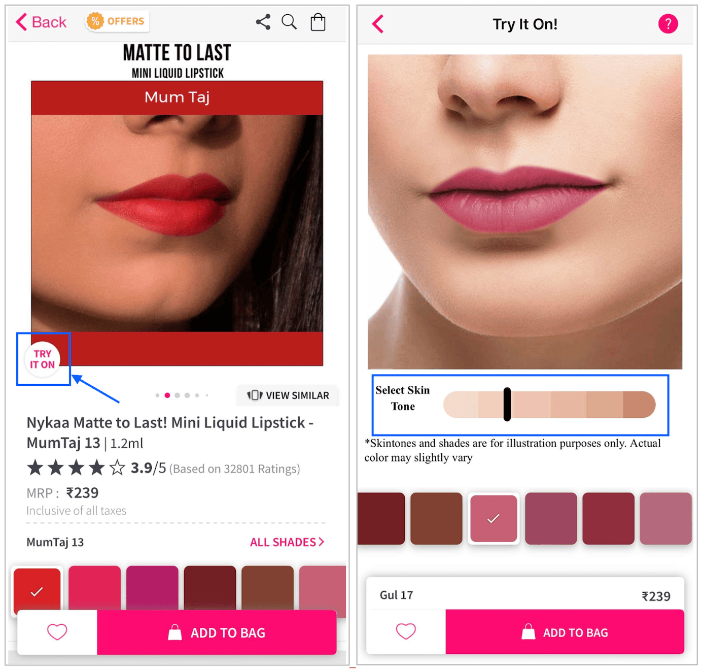 Nykaa try it on feature switch shades and skin tones