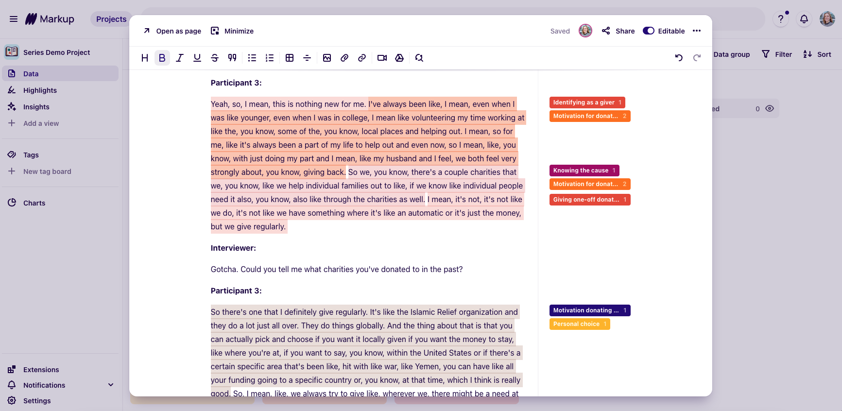 A screenshot from Dovetail, a software tool for analyzing qualitative data. The screenshot shows a transcript and how it has been coded.