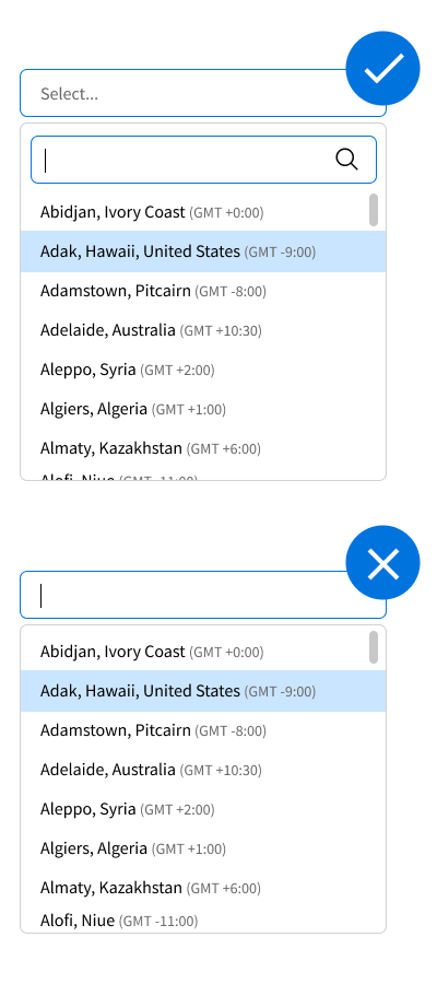 Two timezone selector fields are shown side-by-side. The first timezone selector dropdown contains a visible search field. In the second timezone selector dropdown, the dropdown field itself becomes the search field.