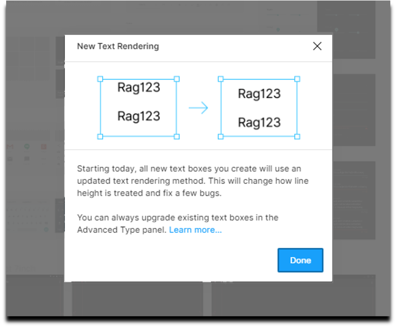 Figma shows a contextual help indicator for text layout, only once the user has opened the appropriate text layout tool