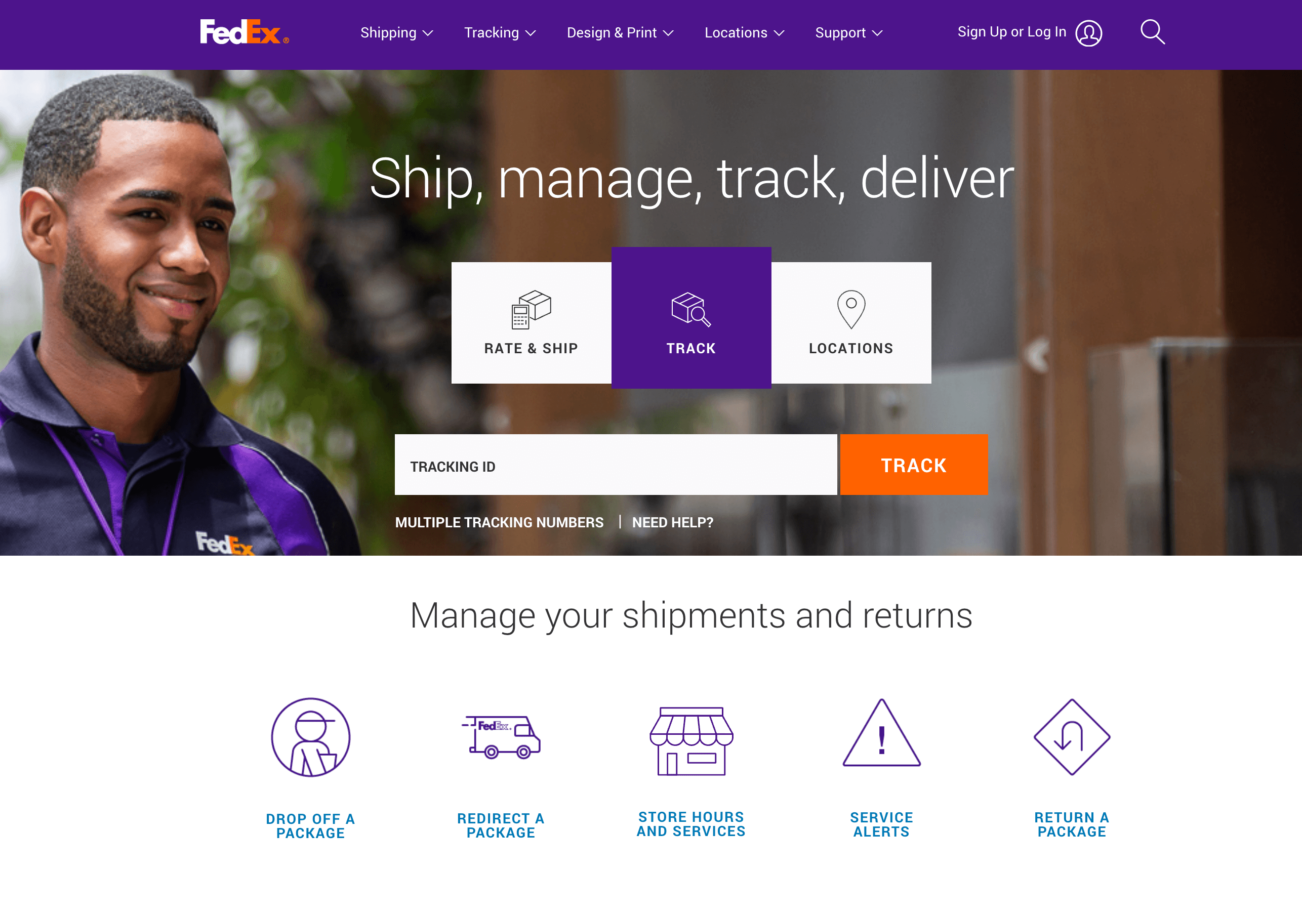 Website navigation with the categories "Shipping" "Tracking" "Design & Print" "Locations" and "Support"