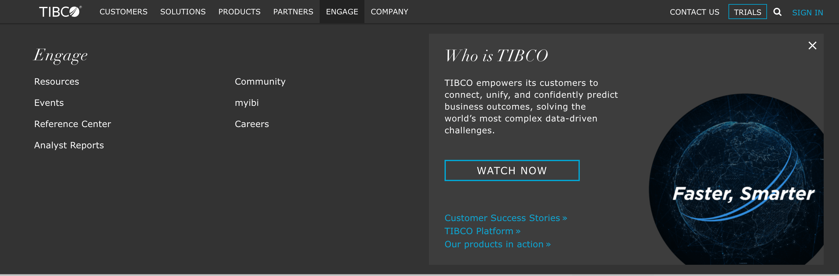 A navigation menu with the categories "Customers" "Solutions" "Product" "Partners" and "Engage"