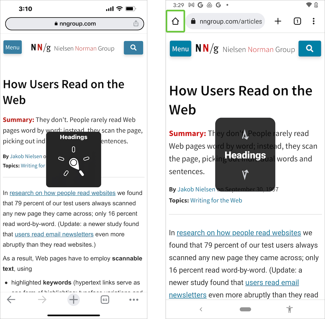 IOS and Android both provide ways for screen reader users to switch between page elements they can jump between.