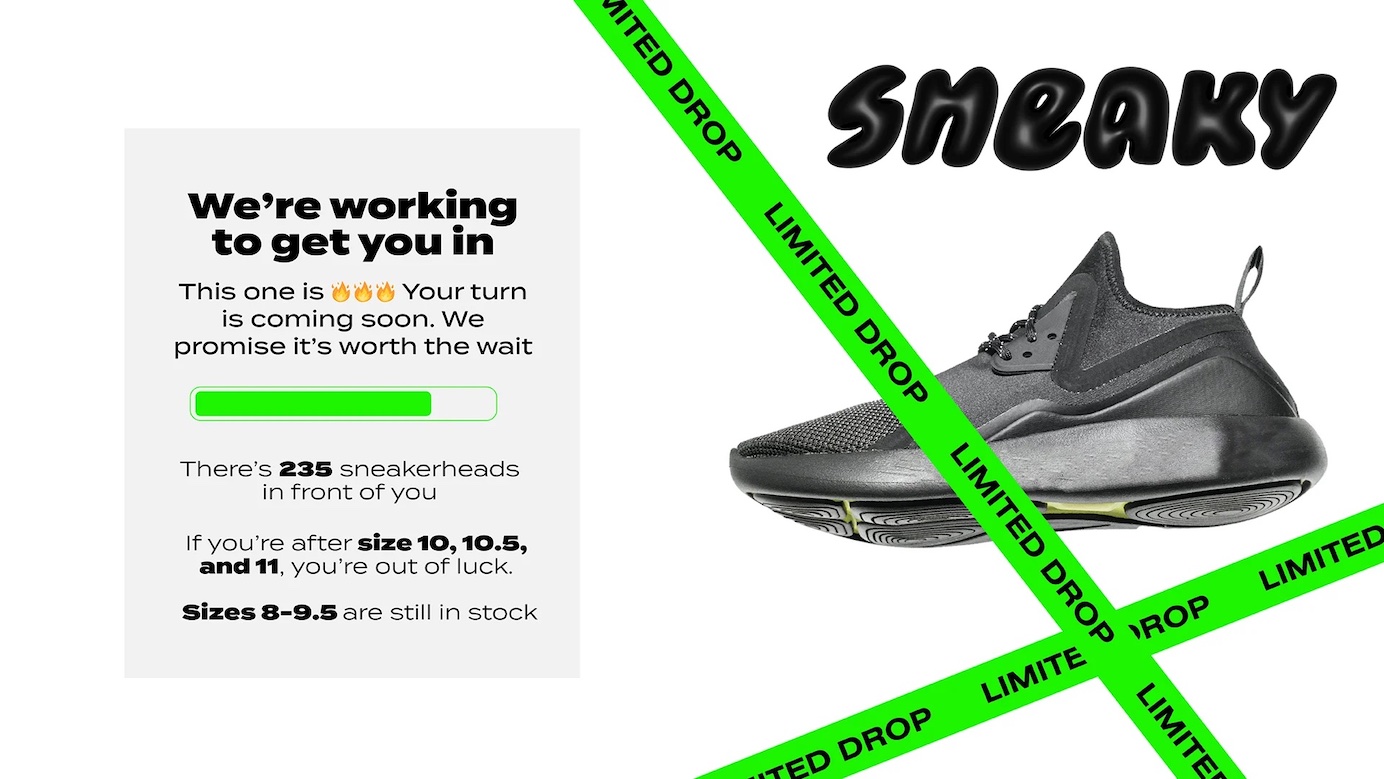 While users waited for their turn to purchase sneakers as part of a sales event, the interface rightfully updated with details about the availability of certain sizes. Visitors who were waiting for these sizes will no doubt be disappointed to see they’ve missed their chance, but it’s better for them to know it in advance than to find out after waiting unnecessarily.