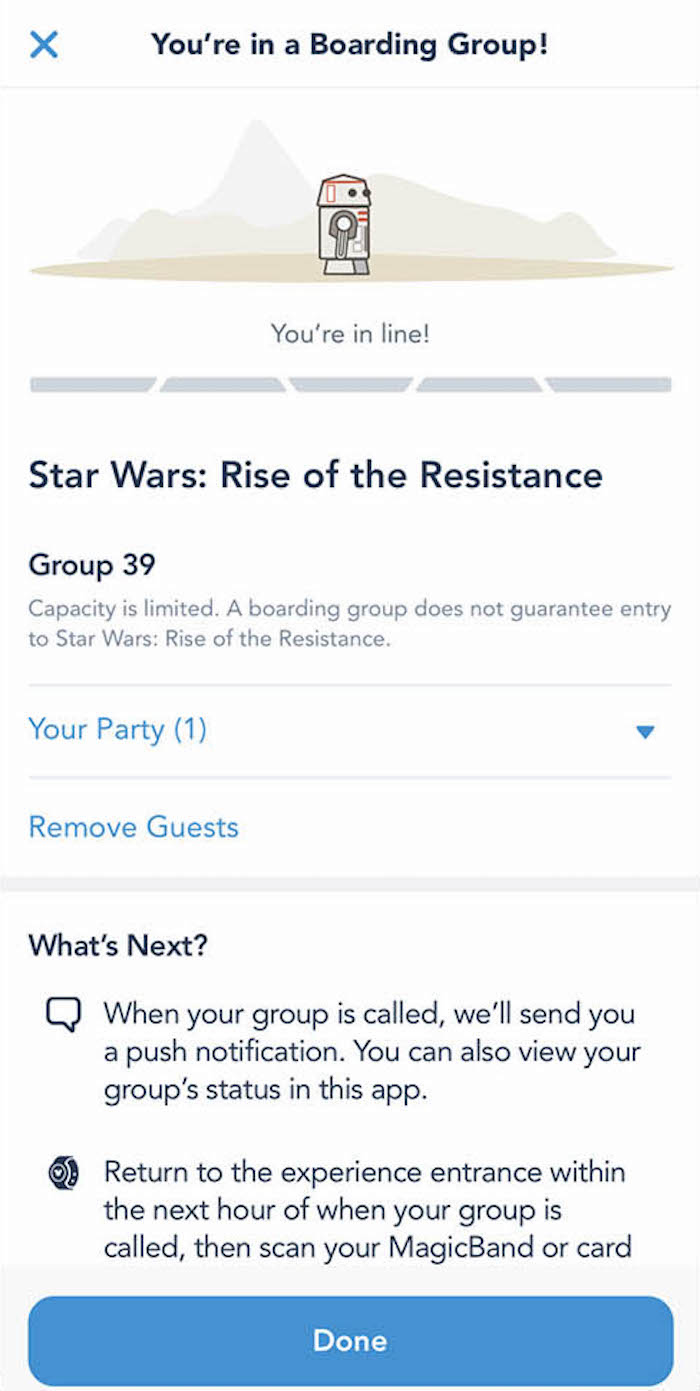 The Walt Disney World app:  Once the user entered the queue, the confirmation screen included a section labeled What’s Next? that clearly explained that users should be on the lookout for a notification from the app and directed them to visit the entrance of the ride within an hour of the notification