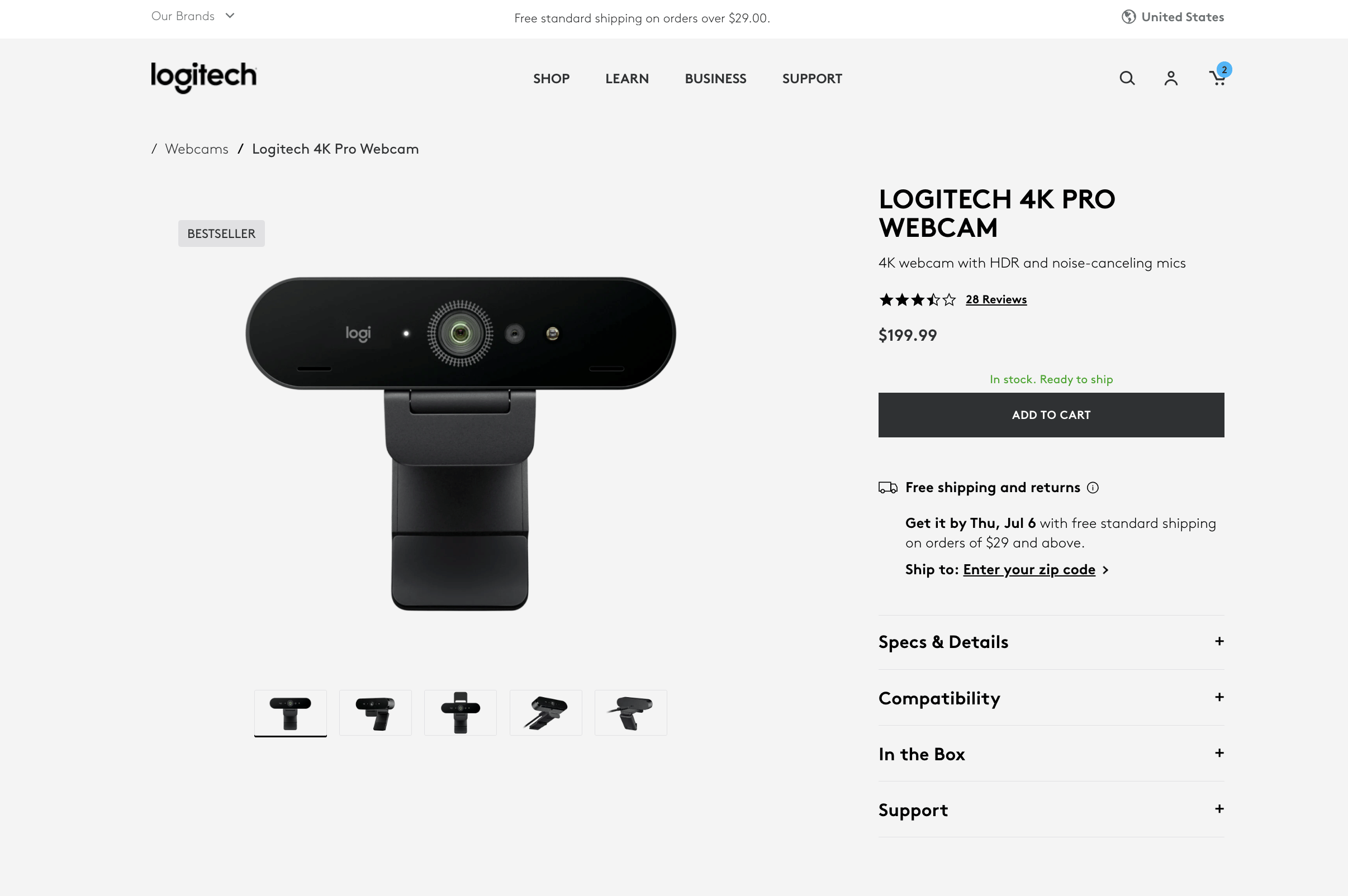 A product detail page uses accordions to display product information