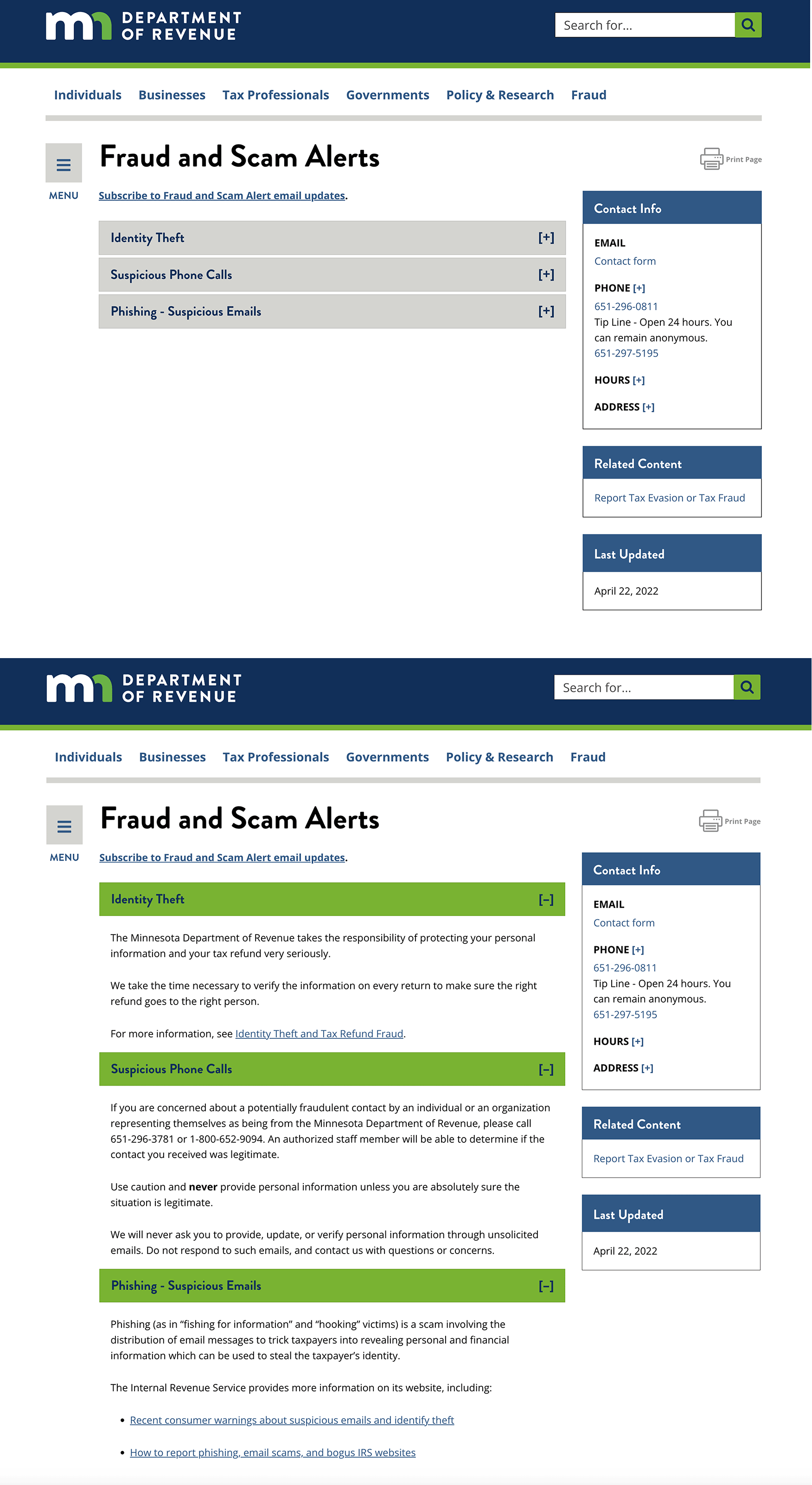 A government information page collapses content in accordions, only displaying a heading on the page