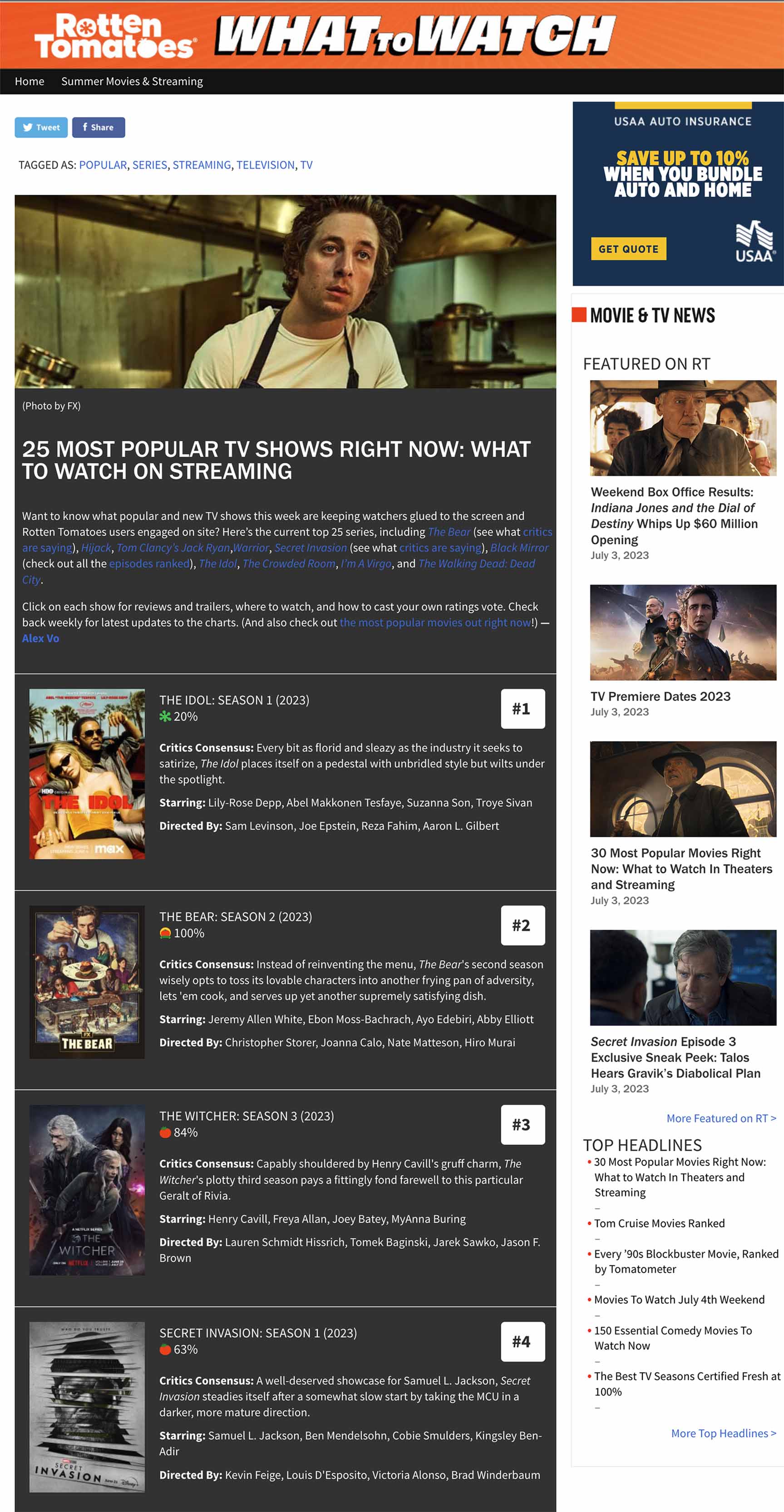 A page displays show recommendation list, each item contains name, ranking, rating, thumbnail, critics consensus, cast and director information