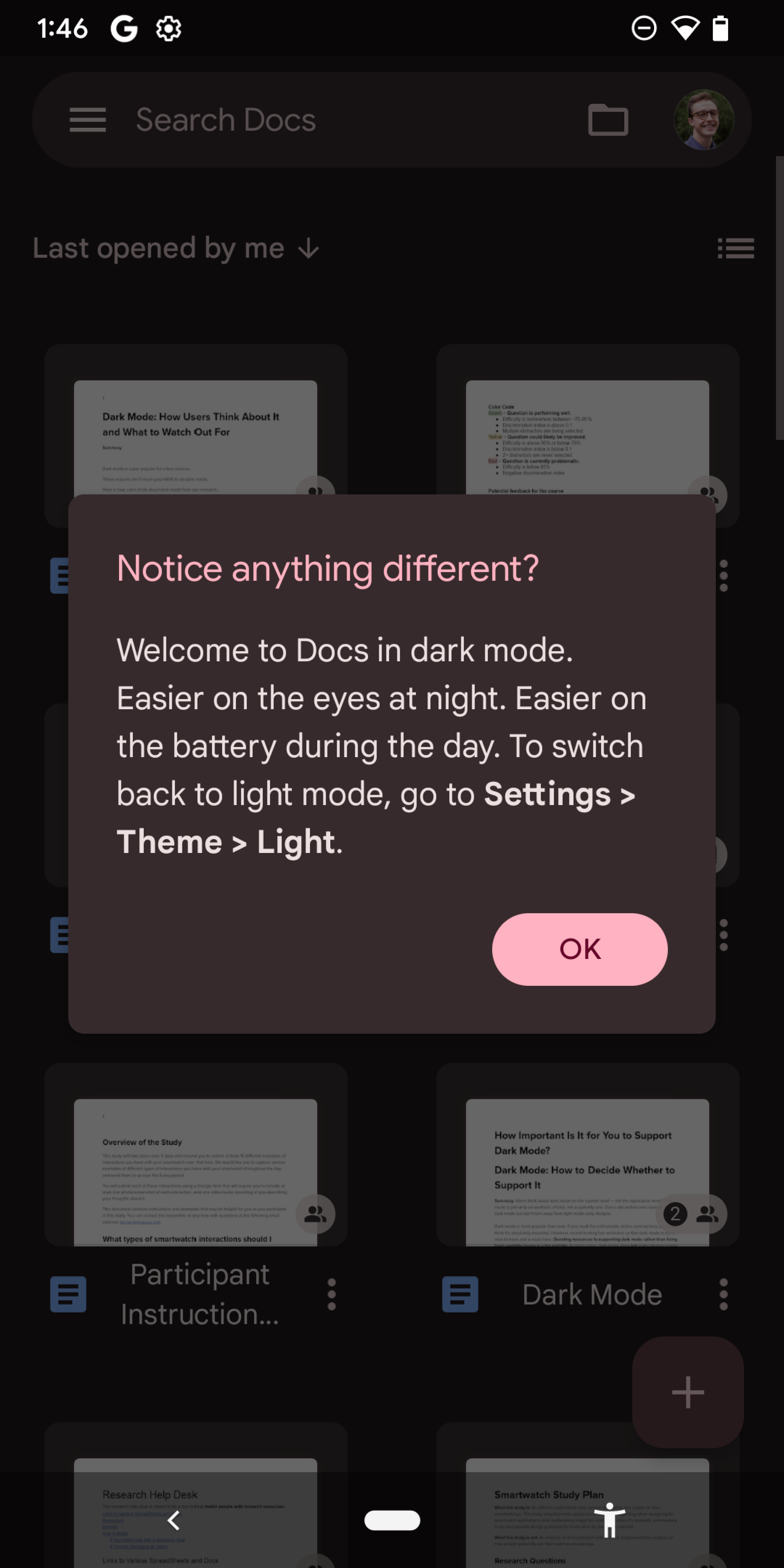 Notification from Google docs that dark mode saves battery and is easier on the eyes.