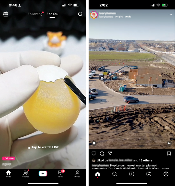 TikTok and Instagram screenshots where the whole screen is taken up by video.