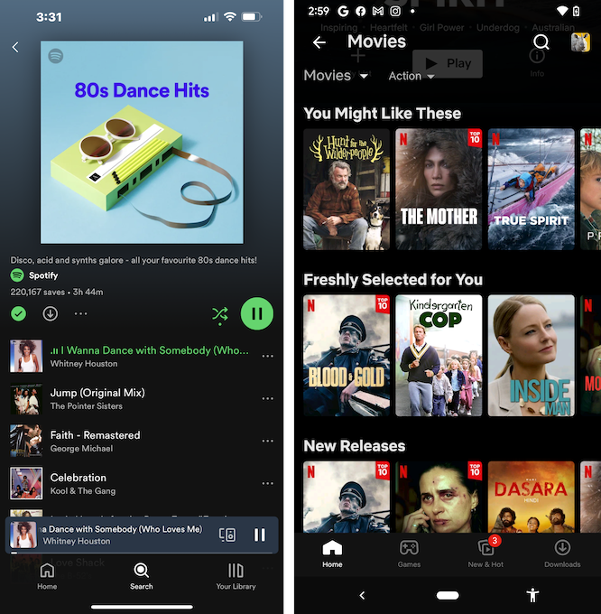 Spotify and Netflix screenshots with dark backgrounds and colorful thumbnail images.