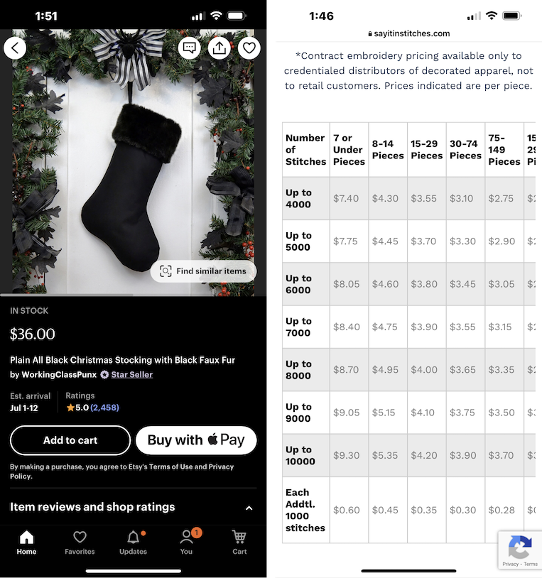 An Etsy screenshot displaying in dark mode, and an embroidery website that is all white.