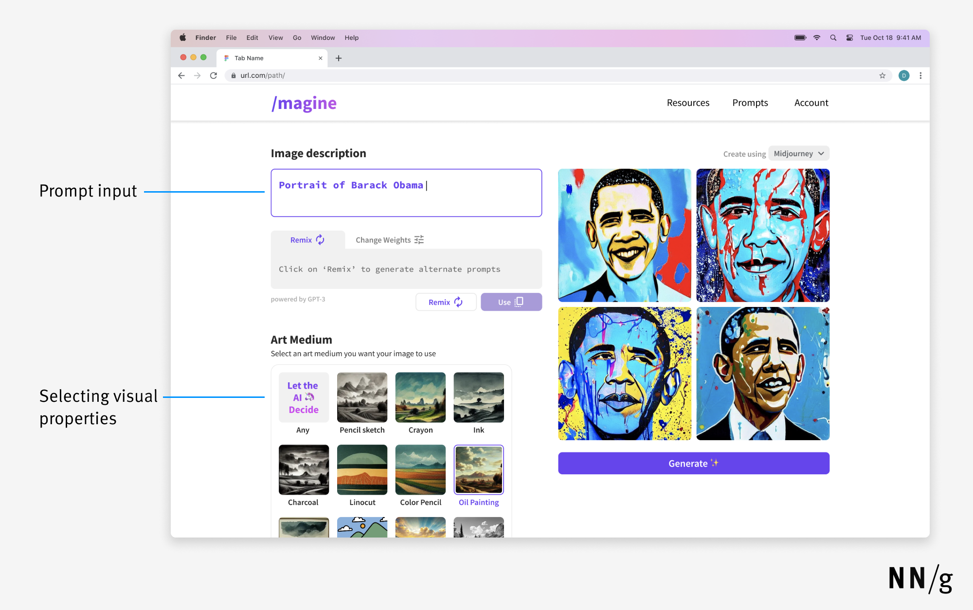 Hybrid AI image-generation with list of potential visual styles to add to prompt