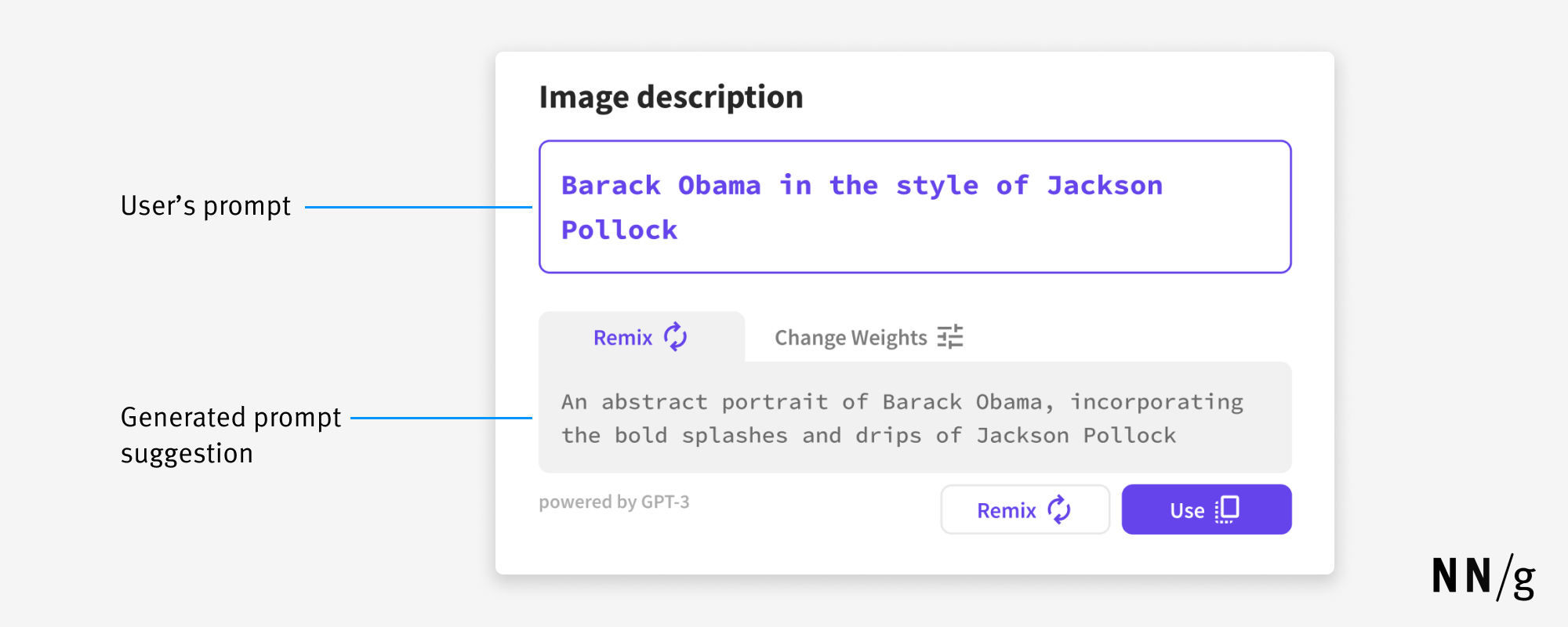Hybrid design example with user text prompt above generated prompt suggestion