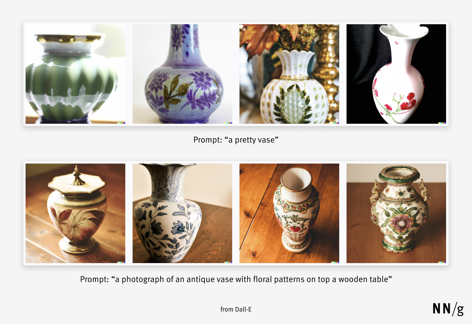 AI image-generation comparison of two prompts (pretty vase vs. a photograph of an antique vase with floral patterns on top a wooden table) 
