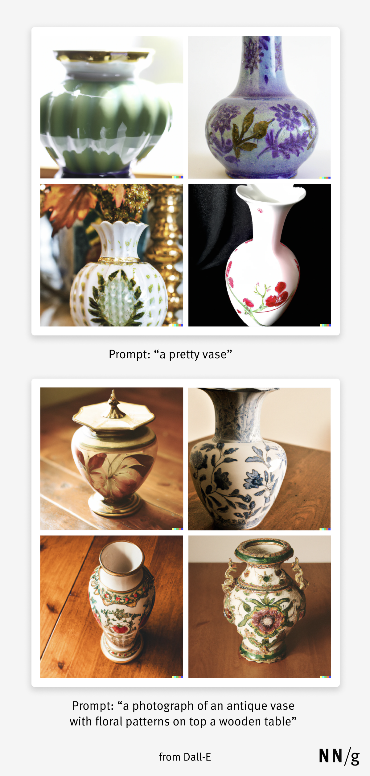 AI image-generation comparison of two prompts (pretty vase vs. a photograph of an antique vase with floral patterns on top a wooden table) 