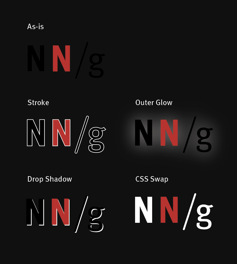 Various versions of the Nielsen Norman Group logo with white backgrounds to reveal dark lettering on a dark background