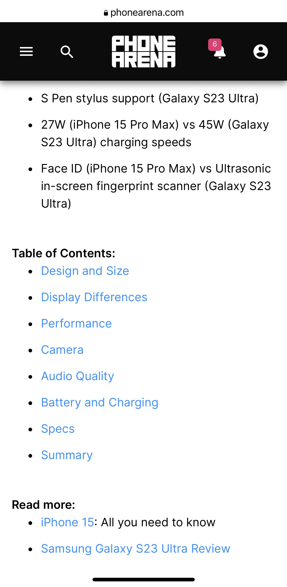 Mobile screenshot of Phone Arena showing table of contents placed directly above the read more section