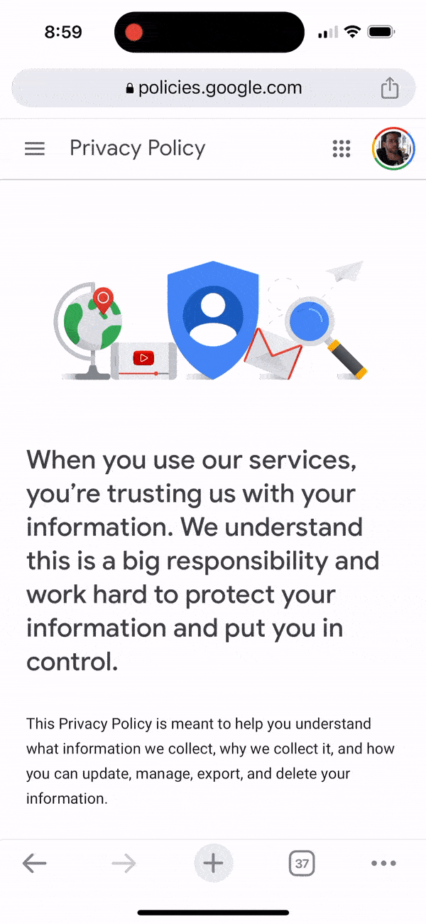 A short screen recording of a table of contents placed in the content body that takes some scrolls to reach